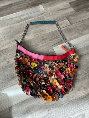 Multicolor Floral Appliqué Leather Shoulder Bag - Pink & Red Trim